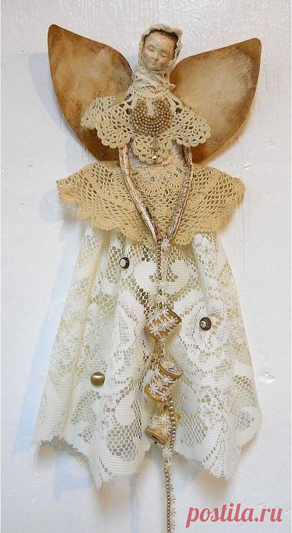 Angel Art Doll, Handmade of Paper Clay, Fabric Body, Vintage Crochet