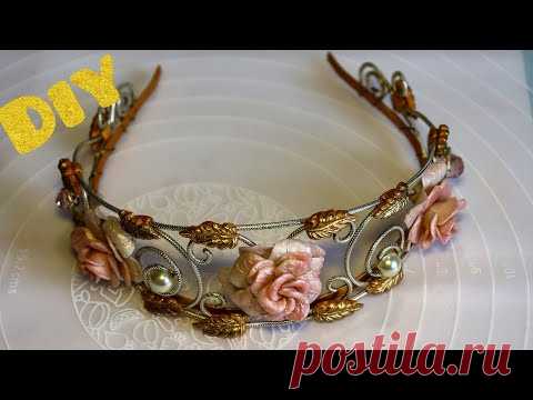 Flower Tiara with polymer clay roses and gold leaf. Diy headband crown. Wedding hair jewelry