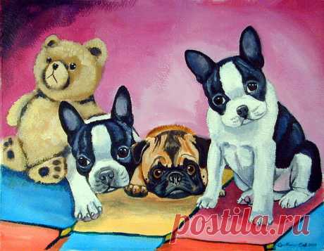 Boston Terrier and Pug puppies PJ Party by Lyn Cook Boston Terrier and Pug puppies PJ Party Painting by Lyn Cook