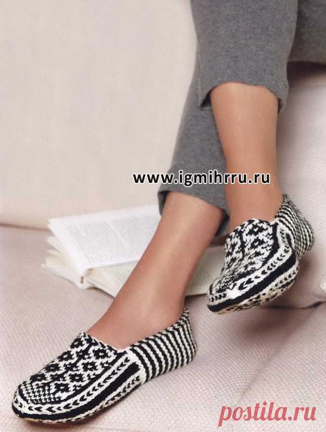 Теплые тапочки с жаккардовым узором. Спицы