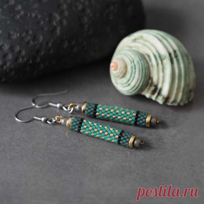 Peyote Beaded Earrings Miyuki Beads Green, Golden, Black Surgical Steel - Etsy Australia