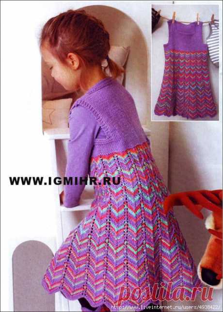 Сарафан с зигзагообразными узорами для девочки 2-9 лет, от финских дизайнеров. Спицы.