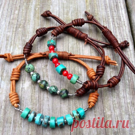 Arizona Turquoise and coral wired leather bracelet, knotted boho rustic jewelry