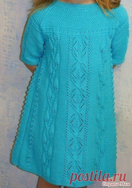 Платье для девочки «Бирюза», вязанное спицами
