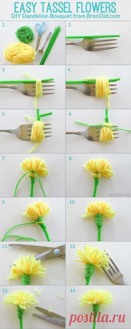 How to make tassel flowers - Make an easy DIY dandelion bouquet with yarn and pipe cleaners to delight someone you love. Perfect for weddings, parties and Mother's Day. #DIY #tassels