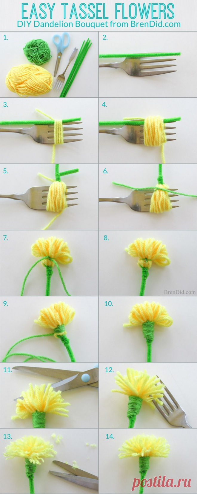 How to make tassel flowers - Make an easy DIY dandelion bouquet with yarn and pipe cleaners to delight someone you love. Perfect for weddings, parties and Mother's Day. #DIY #tassels
