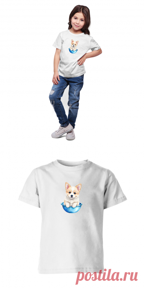 Детская футболка «Щенок корги в голубой миске» цвет белый - дизайнер принта Anstey