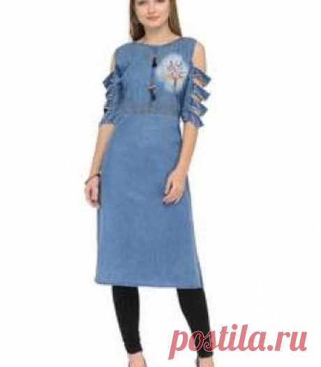 Buy Blue  denim kurti Online Blue Denim Kurta with stitched pattern detail, three-quarter sleeves, CENTER slits . Kurta Dimension (Inches) - Kurta Length- 56", **Wash Care**- Wash Dark Colour Kurta Separately, Do Not Bleach, Regular Wash, Regular Iron, Dry in Shade. ***Important***:- Please refer to the size chart before ordering. (Slight variation in color is possible. Model images are only representative.).