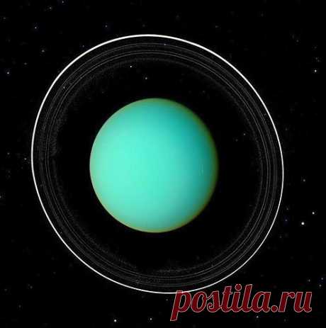 Een foto van Uranus die genomen werd door Voyager 2. Je kan de 18 manen van de planeet zien - net zoveel als Saturnus. Afbeelding: Ons zonnestelsel (© Voyager 2, NASA)