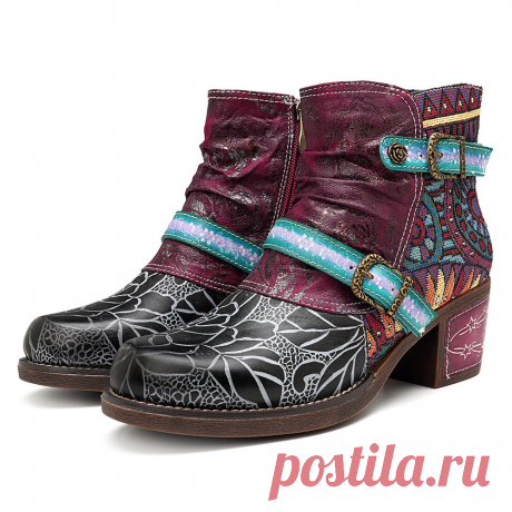 Designer SOCOFY Cowgirl Sooo Comfy Casual Genuine Leather Stripe Splicing Zipper Flat Boots - NewChic