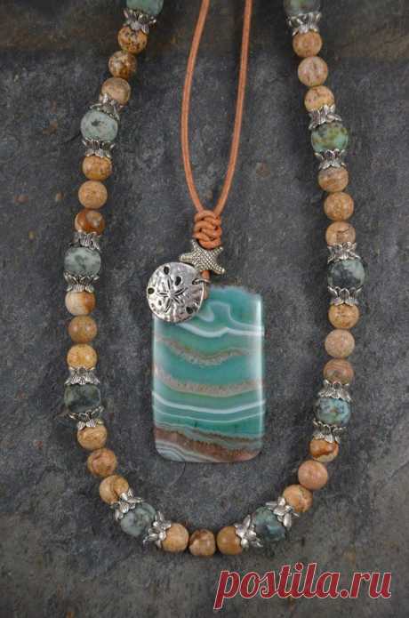 Artisan Necklace Set with Druzy Agate Pendant on Genuine Leather and Companion Strand of Picture Jasper and Matte African Turquoise