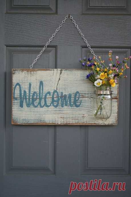 Rustic &quot;Welcome&quot; Outdoor Sign in Blue