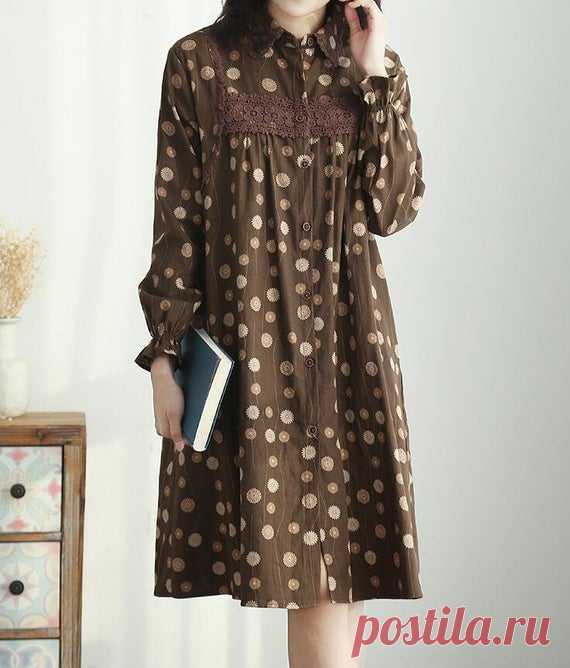 Womens spring dress, brown cotton linen shirt dress, Long shirt, Loose Floral midi dress 【Fabric】 Cotton, linen 【Color】 Brown 【Size】 Shoulder Width 40cm / 16  Bust 118cm / 46  Sleeve length 57cm / 22 Big Arm circumference 38cm/ 15 Length 95cm/ 37    Have any questions please contact me and I will be happy to help you.