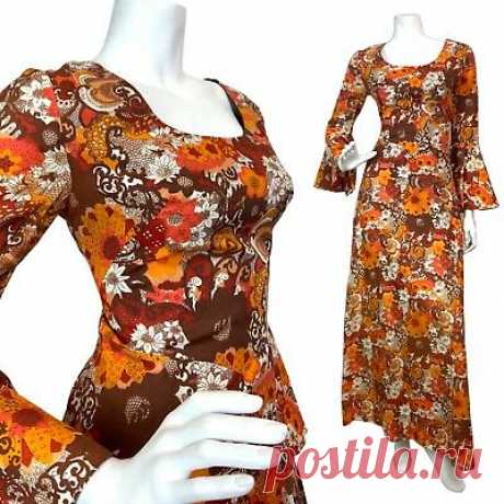 VTG 60s 70s ORANGE BROWN RED PSYCHEDELIC FLORAL BOHO MOD FLOUNCE MAXI DRESS 8 10  | eBay Featuring a wide rounded neckline, cropped flounce sleeves, fitted bodice with a flared maxi skirt, and a long zip fastening at the back. We do not list stains to area likes linings that are hidden or things that can barely be seen without close inspection.