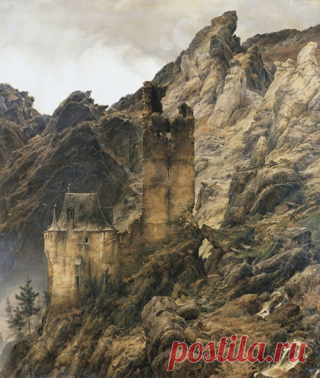 Художник Карл Фридрих Лессинг (Karl Friedrich Lessing; 1808-1880).
"Скалистый пейзаж. Ущелье с руинами замка" (Felsenlandschaft: Schlucht mit Ruinen), 1830 г.