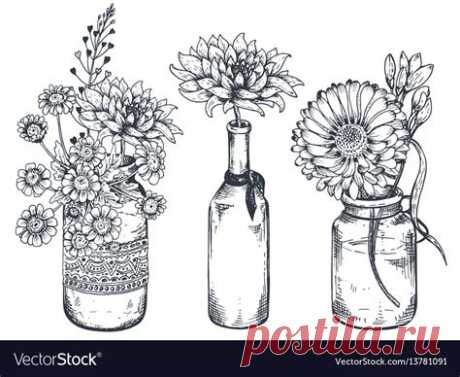 Bouquets With Hand Drawn Flowers And Plants In Vector Image CE9