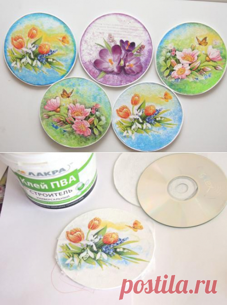 Магниты на холодильник из CD-дисков. Автор -Каверина Ольга.