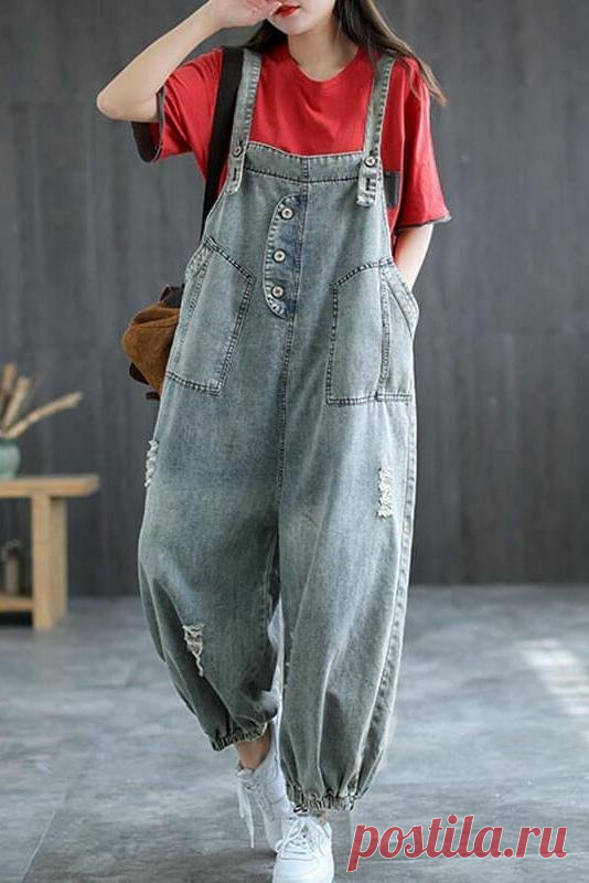 Women Denim Hole Solid Color Jumpsuits Dungarees