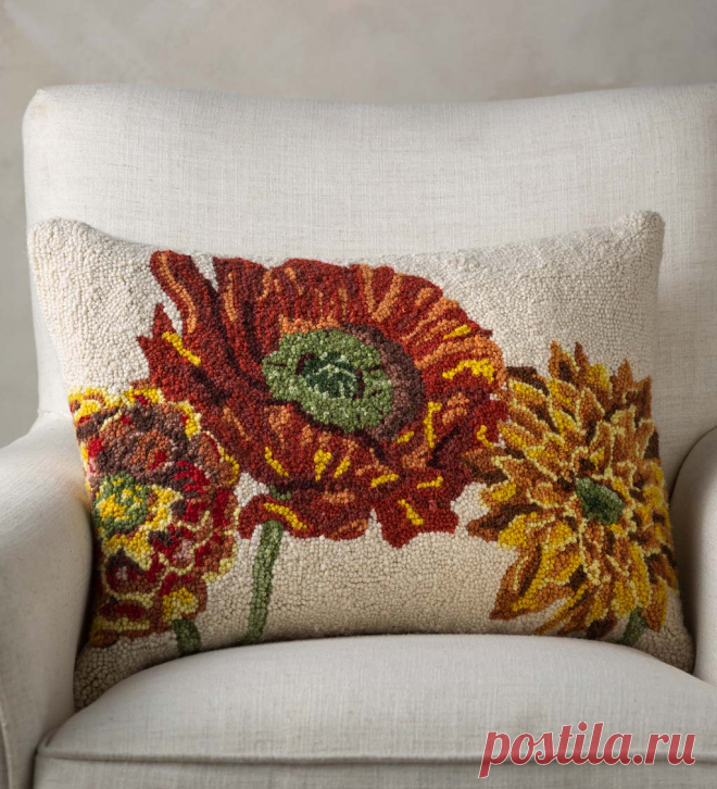 3 Fall Flowers Hand-Hooked Wool Decorative Throw Pillow | Bedroom Décor | Bedroom | Bed + Bath | VivaTerra This beautiful 3 Fall Flowers Hand-hooked Wool Pillow is exclusively designed to showcase bold, colorful fall blooms. A perfect seasonal accent to showcase these cool-weathered botanicals. The design is rendered in 100% hooked-wool and finished with a cream linen back. Every pillow includes a natural down feather filled insert for a plush look and sof...