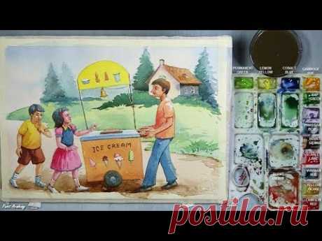 Memory Drawing : Ice cream seller selling ice cream to the kids | Watercolor step by step Painting