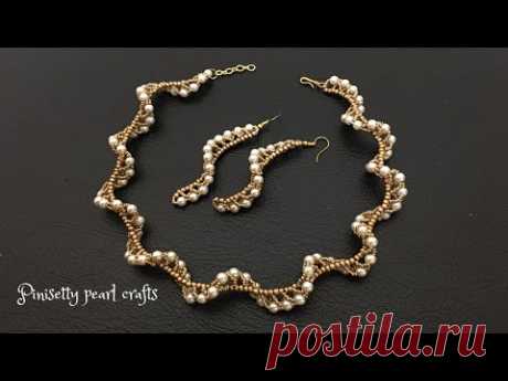 Trendy ...Beaded wavy necklace tutorial /weave pearl jewelry making/wedding & party wear/pinisetty