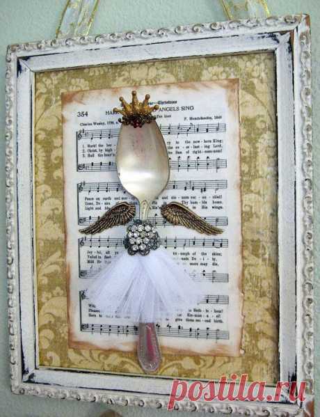 Shabby Vintage Spoon Angel Assemblage Chic Antique White Frame Crown Christmas…