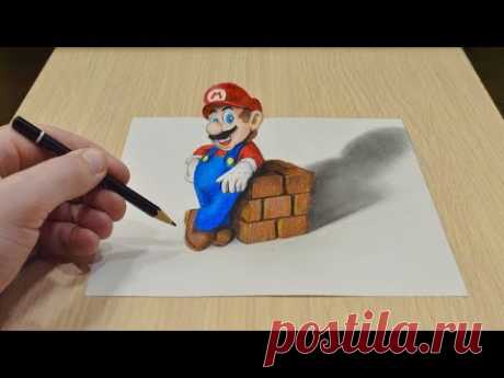 Нарисовал Марио в 3D Как нарисовать 3д рисунок цветными карандашами
