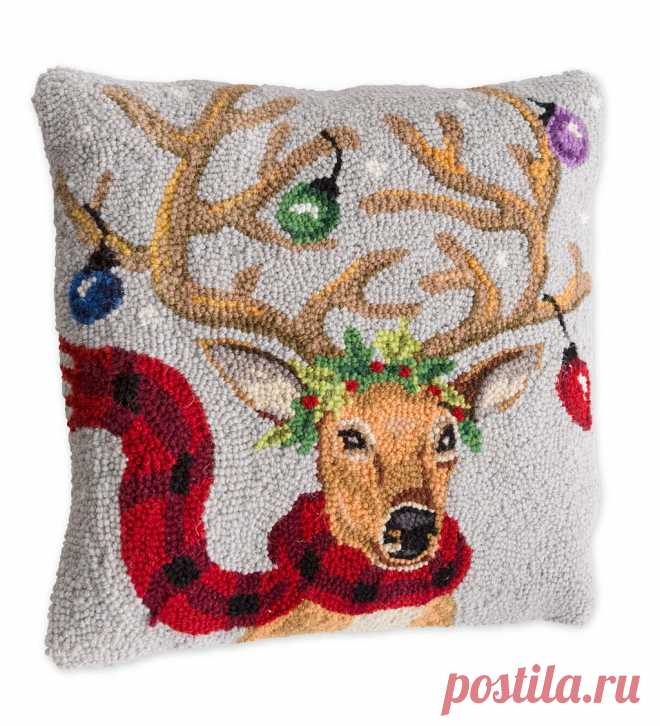 Hand-Hooked Lighted Reindeer Pillow | All-Natural | Our Values | VivaTerra Display classic holiday style with these hand-hooked pillows, featuring the most idyllic scenes of the season. Our festive reindeer will light up your holiday decor! The designs are rendered in cozy 100% hooked-wool and finished with a cream colored linen back. Every pillow includes a natural down feather filled insert for a plush look and soft feel, and the covers zip open and closed for easy re...
