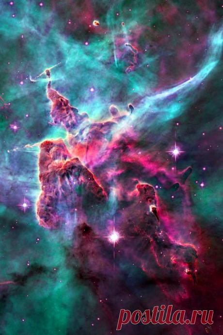 Carina Nebula, NGC 3372, sur-rounds several clusters of stars. Eta Carina &amp; HD 93129A, two of the most massive &amp; luminous stars in the Milky Way, are among them. At an est 6,500 10,000 ly away, it is one of the largest nebulae ever seen (larger &amp; brighter than the Orion nebula) the top is a 3-ly-tall pillar of cool hydrogen being worn away by the radiation of nearby stars. Carina Constellation