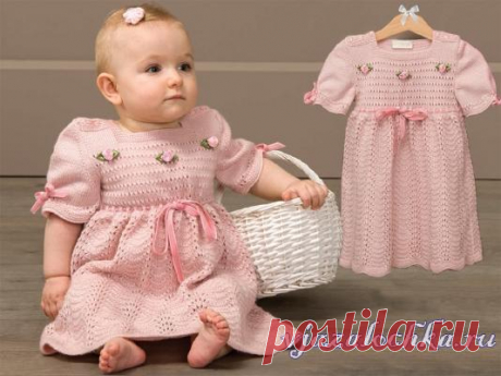 Розовое платье для малышки спицами