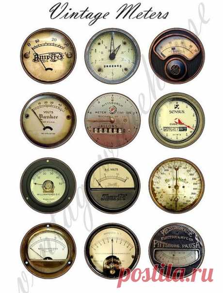 (1) Vintage INDUSTRIAL METERS - steampunk dials,gauges and meters Digital Collage Sheet - craft circle download 1,1.5,2 in, 16mm