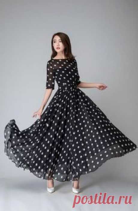 polka dot dress, illusion prom dress, Black white dress, Chiffon dress, Women dresses, maxi dress, Half sleeve dress, boat neck dress (1534)