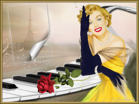 Гиф анимация Девушка в черных перчатках и желтом платье на фоне рояля и розы / Скандалистка/