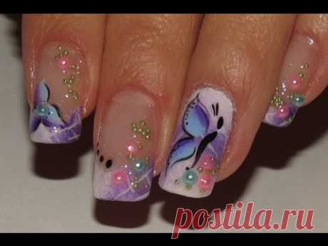 Ombre white and purple Spring fairy Nail Art Video Tutorial! flower,butterfly and pretty pearls