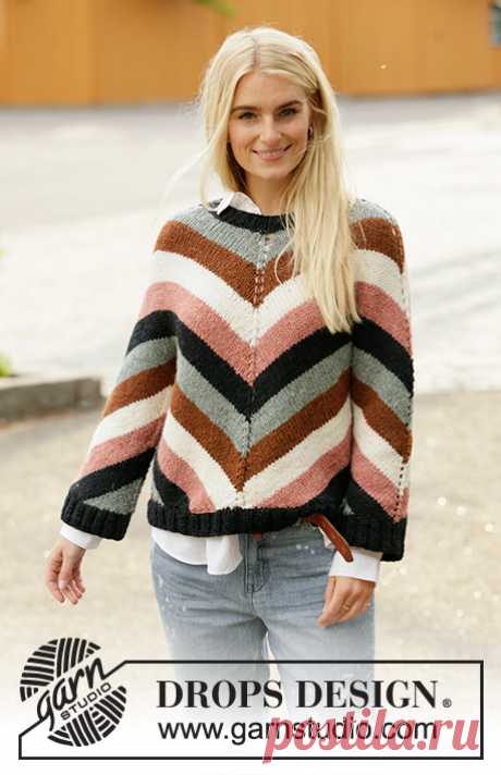 Past to Present / DROPS 205-1 - Free knitting patterns by DROPS Design Knitted jumper in 2 strands DROPS Sky. The piece is worked top down, at an angle with stripes. Sizes S - XXXL.