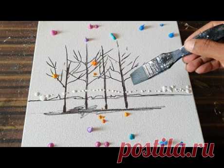Easy Abstract Landscape Painting Demo/ For Beginners/Acrylics & Fan Brush/Daily Art Therapy/Day#0141
