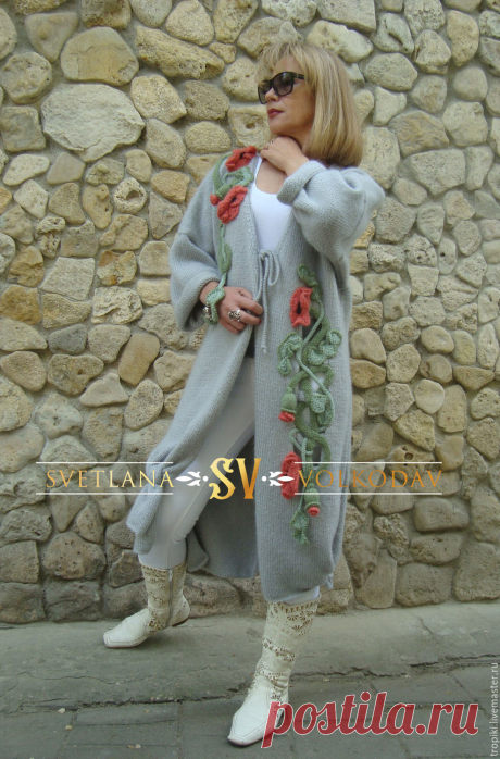 Купить Пальто вязаное "Маковая сказка" демисезонное - серый, пальто вязаное, вязаное пальто