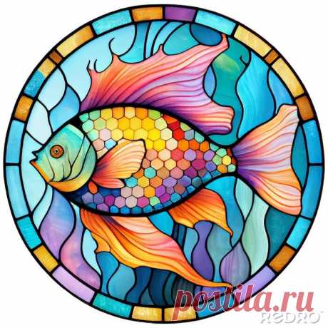 Stained-glass fish isolated on a transparent background. - Naklejki - Redro Stained-glass fish isolated on a transparent background. na obrazach Redro. Najlepszej jakości naklejki, fototapety, obrazy, plakaty, poduszki, tapety. Chcesz ozdobić swój dom? Tylko z Redro