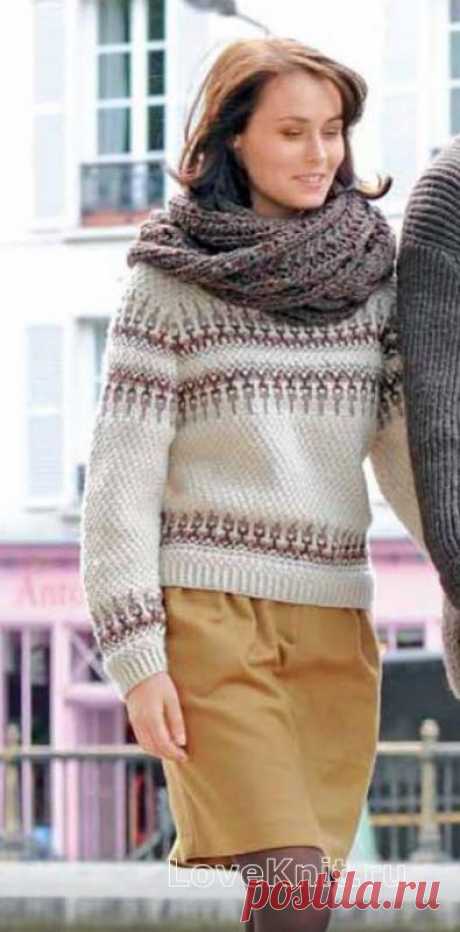 Пуловер с цветной полосой и объемный узорчатый шарф схема спицами » Люблю Вязать