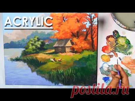 Acrylic Painting Landscape | Village House with Chickens | Artist : Supriyo
