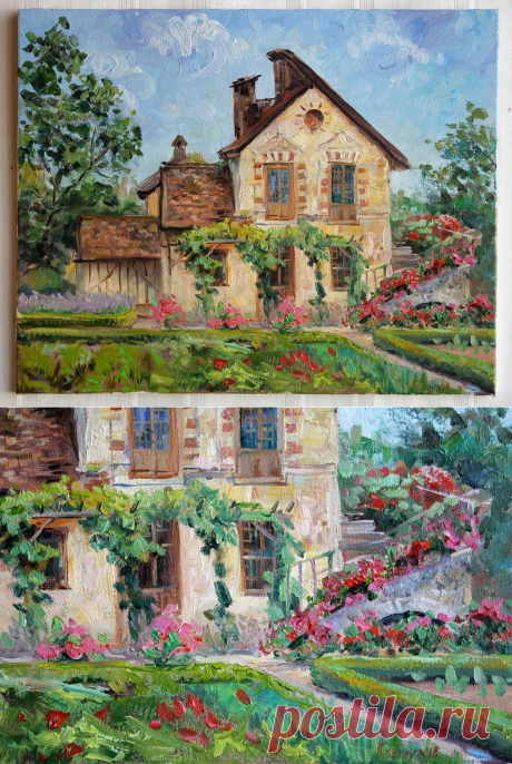 Village Old house with flowers garden landscape Original Oil | Etsy