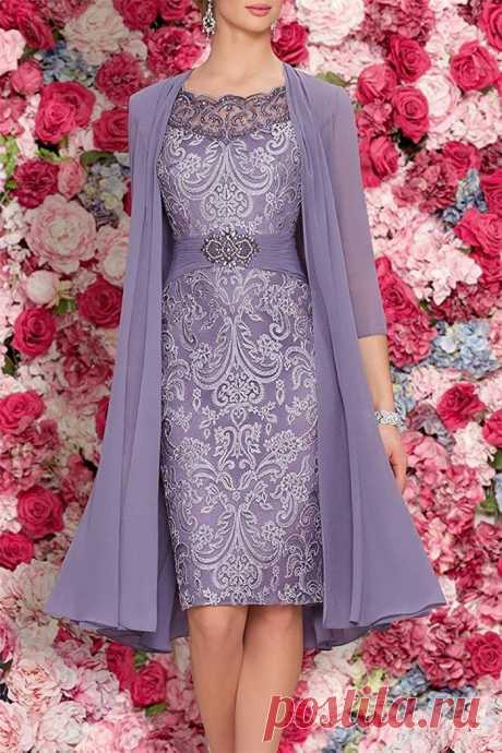 Mother Of The Bride Dresses Tea Length Two Pieces With Jacket purple