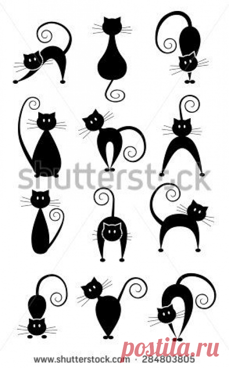 This contains an image of: Set Different Pose Black Cats Black Stock Vector (Royalty Free) 284803805 | Shutterstock