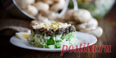 Слоёный салат с жареными шампиньонами, пекинской капустой и яйцами: простой рецепт - Лайфхакер