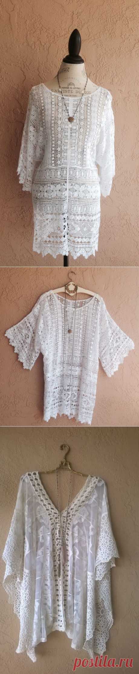 Wedding bohemian White Lace crochet Gypsy bride dress organic cotton / Bohemian Angel