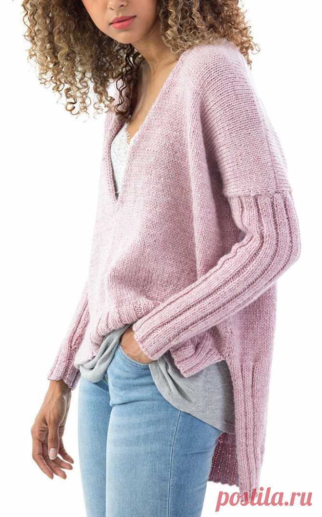 Free Knitting Pattern for Cedar Hill Pullover - This long-sleeved sweater features ribbed sleeves and high low hem with stockinette body and v-neck. 4 pieces. Uses US size 8 and 7 needles and 1215 yards of worsted weight yarn. Sizes S/M (L/XL, 1X/2X). Designed by Michaels and Lion Brand.