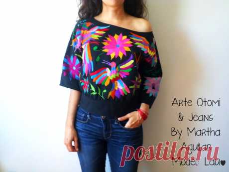 Beautiful Otomi Blouse Hand embroidered by Otomi women. Black - Etsy Chile