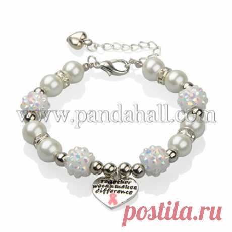 Wholesale Trendy Glass Pearl Beaded Bracelets for Breast Cancer Awareness, with Alloy Enamel Pink Ribbon Pendants and Brass Rhinestone Beads, Platinum, 205mm - Pandahall.com