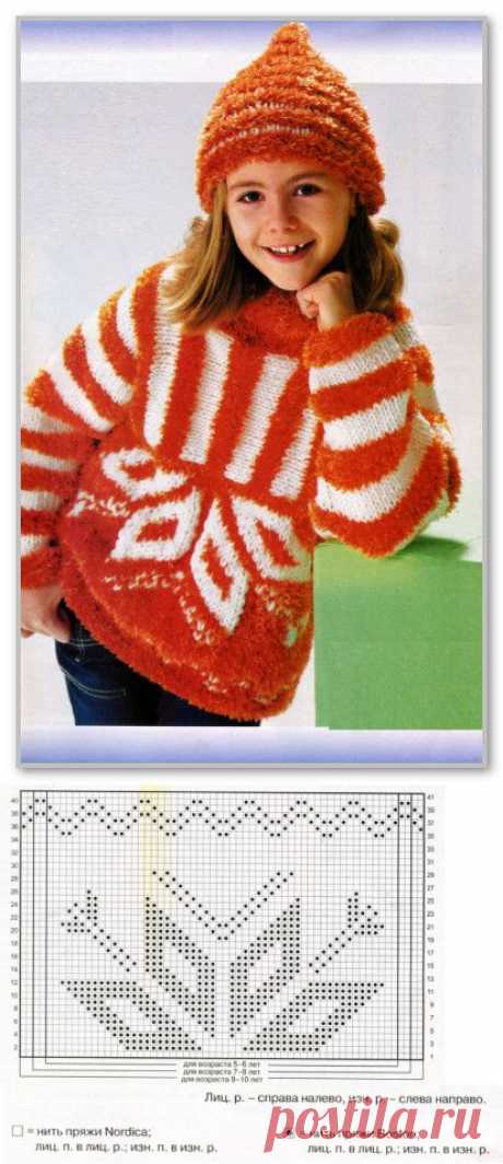Вязание спицами для детей. Двухцветный свитер на кокетке, с жаккардовым орнаментом и шапочка-шлем, для девочки 5-6 (7-8; 9-10) лет