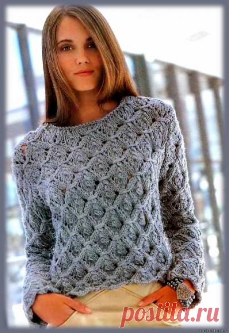 Фантазийный пуловер.Пуловер связанный красивым узором на спицах, схема вязания